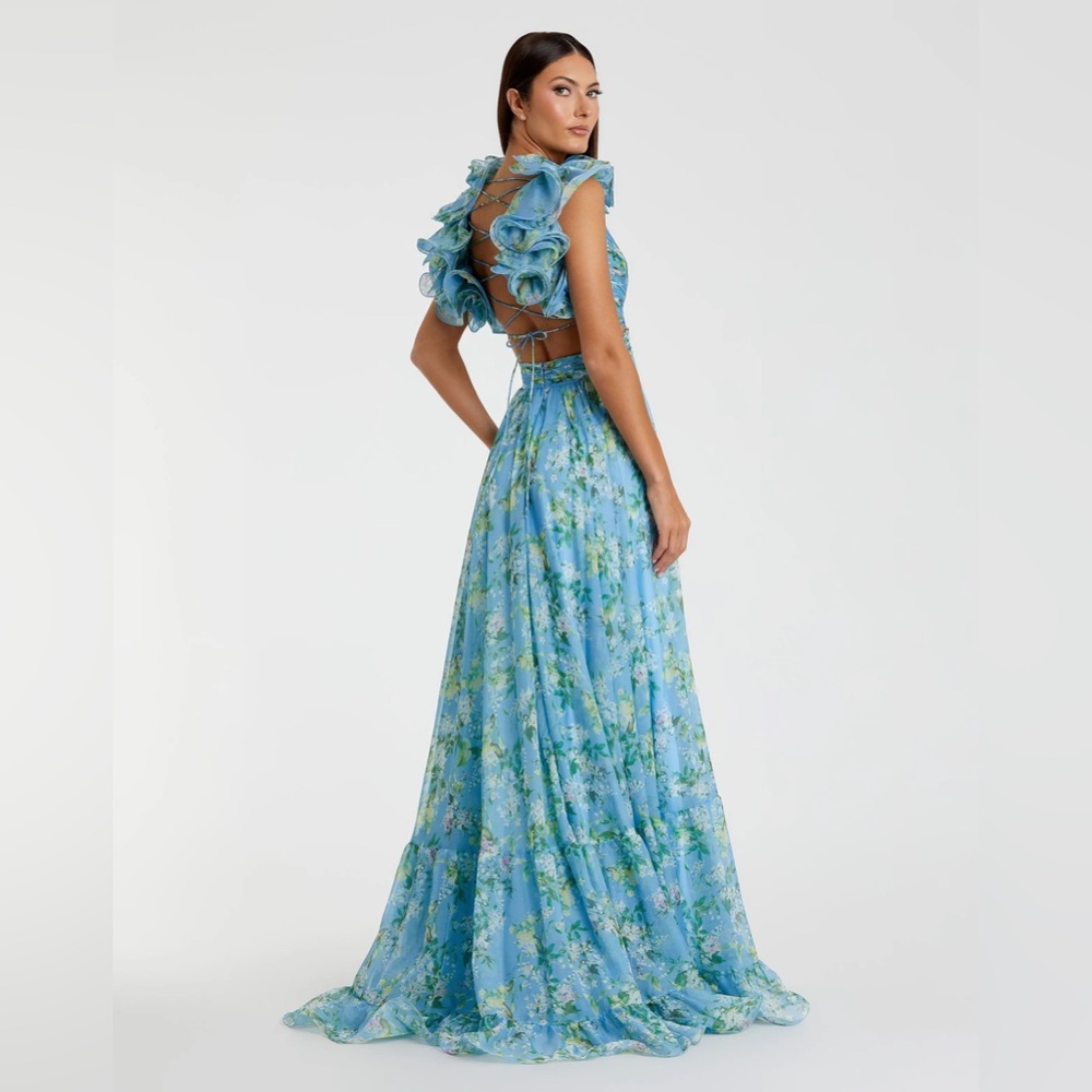 Mac Duggal 🩵 Blue Floral Ruffle Tiered Cut-Out Chiffon Gown – Size 8 NWT - Picture 6 of 16
